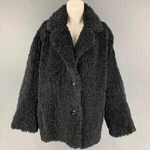 STAND STUDIO Size L Black Polyester Textured Faux Fur Notch Lapel Coat